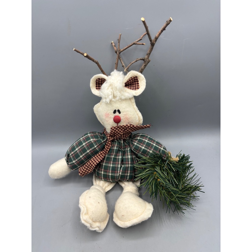 Primitive 90s Christmas Reindeer Plush Twig Antlers Holiday Decor 15 inch